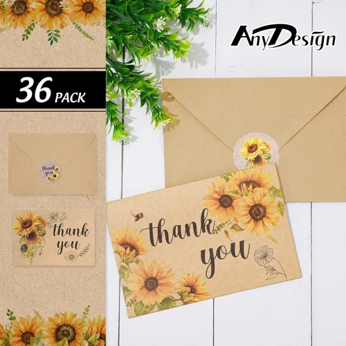 Vista 3 de AnyDesign Paquete de 36 tarjetas de agradecimiento de girasol Kraft surtidas a granel de flores de primavera y verano en blanco con calcomanías