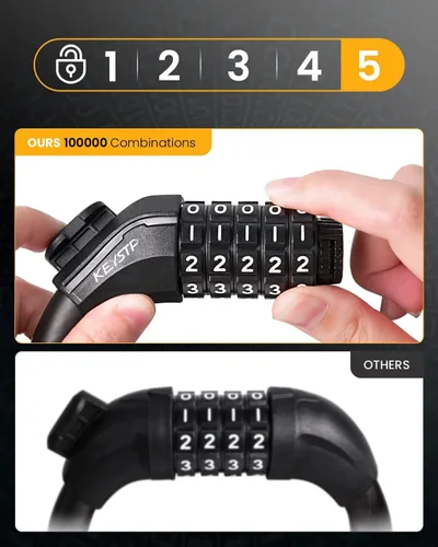 Vista 6 de Candado para bicicleta KEYSTP con cable y combinación, candado de bicicleta de alta seguridad con combinación de 5 dígitos reajustable antirrobo