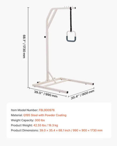 Vista 7 de VEVOR Barra de Trapecio para Movilidad en Cama, Barra de Trapecio Independiente Ajustable en Altura con 2 Ruedas, Capacidad de 300 Libras