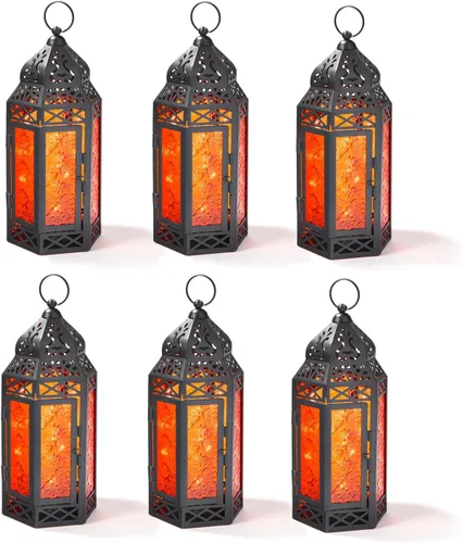LampLust Farol marroquí con luces, juego de 6, 11 pulgadas, luces LED de hadas, pilas y temporizador incluidos, metal negro y vidrio de color rojo,