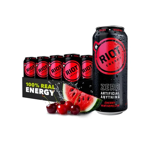 RIOT Clean Energy Drink – Cherry Watermelon | Sin sucralosa, sin azúcar añadido, sin sabores artificiales | 160 mg de cafeína natural + 100 mg de