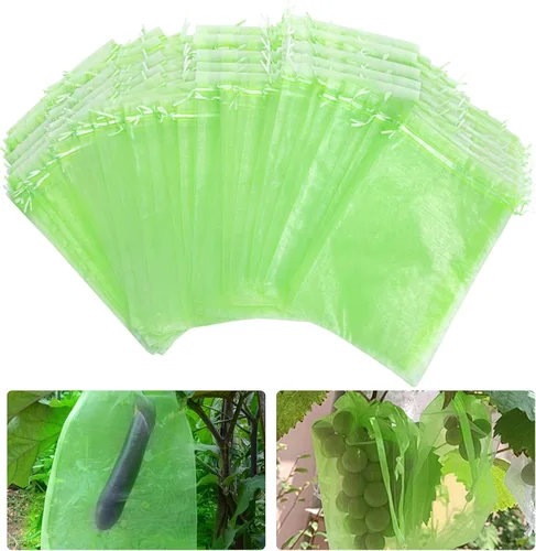 Vista 9 de 100 bolsas de protección de frutas verdes de 6 x 8 pulgadas, bolsas de malla para frutas con cordón, bolsa de malla para proteger las plantas