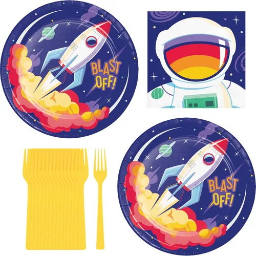 Blast Off Outer Space - Platos llanos de barco cohete, servilletas de astronauta y tenedores amarillos (sirve 16) - Decoraciones de cumpleaños