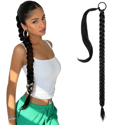 Vista 16 de SEIKEA Extensión de cola de caballo de trenza larga mejorada con lazo elástico, lacio, elegante extensiones de cabello trenzado envolvente