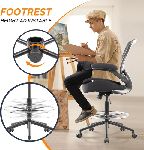 Vista 7 de Silla de redacción alta para oficina, taburetes ergonómicos de escritorio de pie para computadora, reposabrazos abatibles, altura ajustable y anillo