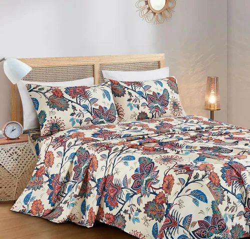 Vista 3 de Chezmoi Collection Paradise - Juego de sábanas florales de 3 piezas, multicolor, azul, rojo, naranja, crema, de microfibra con bolsillo profundo