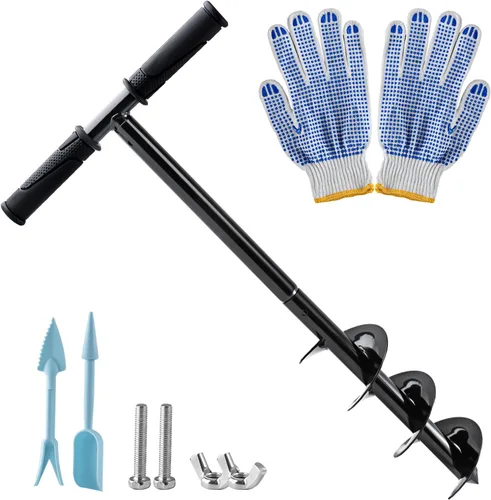 Excavadora manual de agujeros para postes – Taladro de jardín de tierra de 24 x 4 pulgadas con guantes, mango antideslizante, broca en espiral para