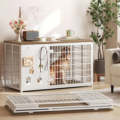 Vista 9 de YATINEY Muebles plegables para perros, jaula para perros con marco de bricolaje, perrera resistente para interiores con ganchos, mesa auxiliar