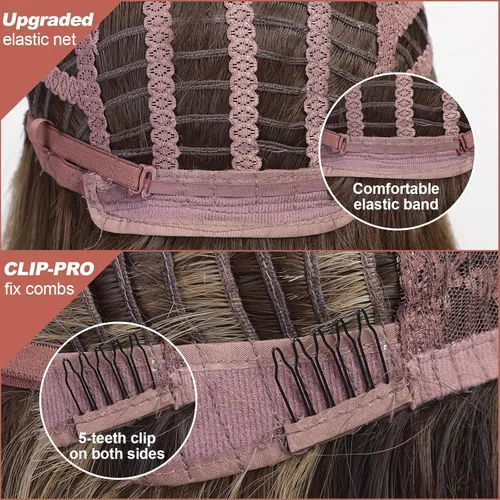 Vista 5 de Peluca rizada marrón con flequillo, pelucas cortas onduladas de color marrón natural para mujer, corte de pelo sintético resistente al calor