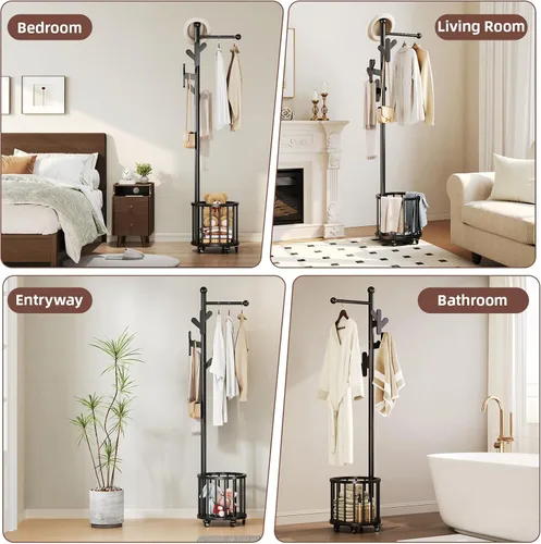 Vista 8 de CozyDH Wooden Coat Rack Stand with Umbrella Holder and Wheels, Freestanding Hall Tree Coat Hanger with Multi Hooks, Heavy Duty Coat Tree for