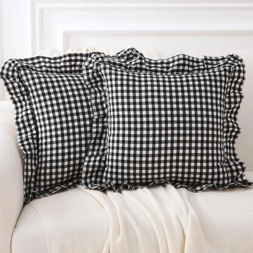 Vista 54 de Paquete de 2 fundas de almohada europeas a cuadros azul polvoriento, blanco, a cuadros, 100% algodón lavado, a cuadros, estilo francés, rústico