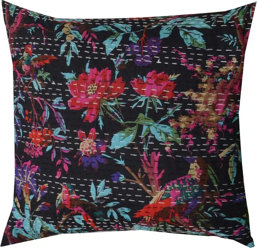 Funda de almohada Kantha hecha a mano india 100% algodón, estampado de pájaros, negro, 18 x 18 pulgadas