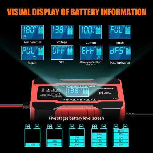 Vista 5 de YONHAN Cargador de batería de 10 amperios 12V y 24V Cargador de batería inteligente completamente automático para automóvil, mantenedor de batería