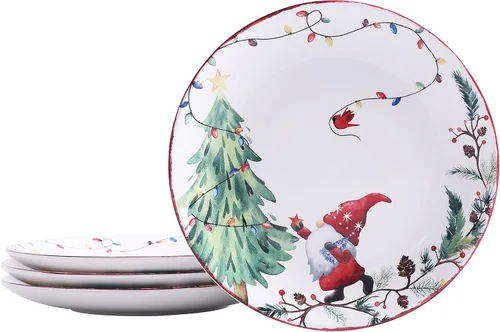 Bico Juego de 4 platos de ensalada de gnomos de Navidad, platos de postre de cerámica de 8.75 pulgadas para ensalada, aperitivo, guarniciones,