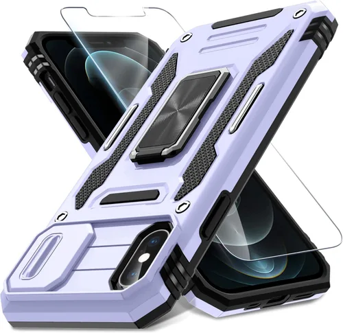 Vista 64 de DEERLAMN Funda para iPhone Xs Max con funda deslizante para cámara + protector de pantalla, soporte giratorio de anillo de grado militar a prueba