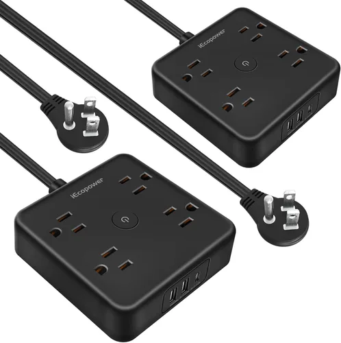 Paquete de 2 regletas de alimentación de enchufe ultra plano, regletas de alimentación con protección contra sobretensiones, 4 tomas amplias, cable