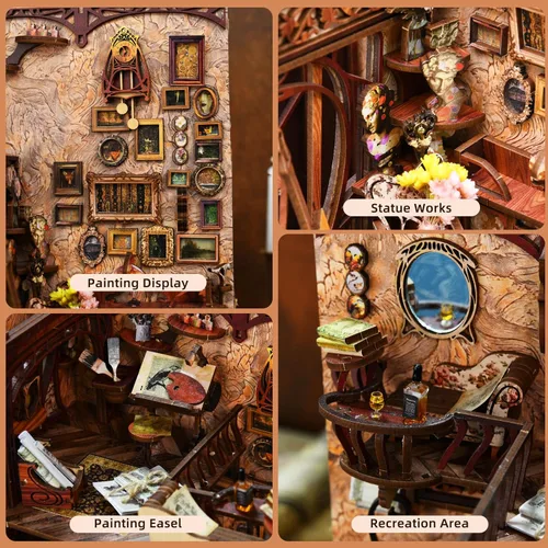 Vista 4 de MiniCity - Kit de rincón de libros en miniatura, rompecabezas de madera 3D con luz LED para decoración de estantería (Día del pintor al anochecer)