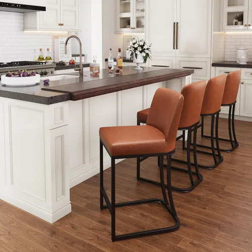 Vista 2 de PHI VILLA Taburetes de bar marrones con respaldo - Altura de mostrador, cuero moderno, silla de isla de cocina, 24 pulgadas