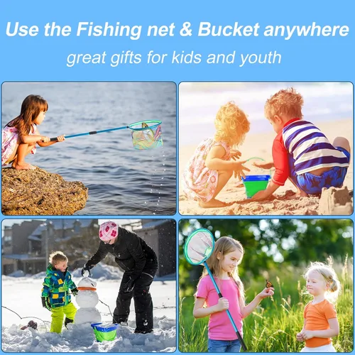 Vista 6 de Red de pesca para niños, paquete de 2 redes telescópicas de aterrizaje con mango de poste de aluminio, cubo de arena plegable, red de mariposa, red