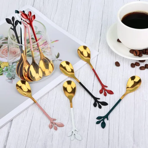 Vista 8 de AnSaw Elegantes cucharas de café expreso de hoja verde y dorada, 10 piezas, mini cucharas de café y postre de acero inoxidable de 4.7 pulgadas