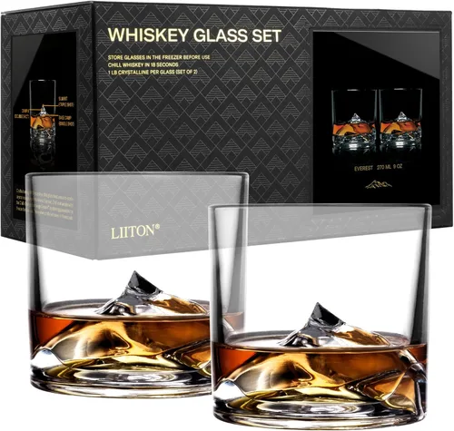 Vista 13 de LIITON Denali Mountain - Juego de 2 vasos de whisky de cristal pesado, vaso grueso de borbón congelable de 1 libra cada uno, regalos de whisky