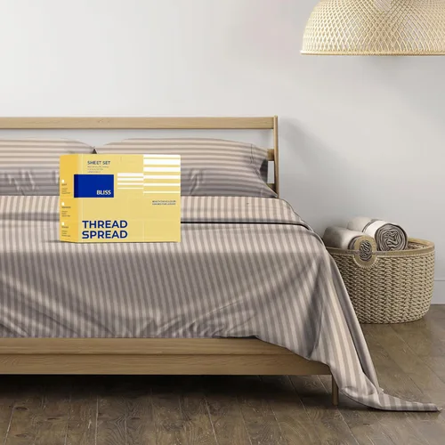 Vista 31 de THREAD SPREAD Hotel Collection - Juego de sábanas de 600 hilos de algodón egipcio, satinado, 4 piezas, Algodón, Gris oscuro - Rayas, gemelo Rayas