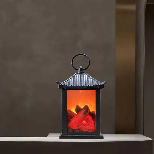Vista 11 de Farol de chimenea pequeño y acogedor tradicional realista con efecto de llama de leña, luz LED, estilo carbón, lámpara de mesa