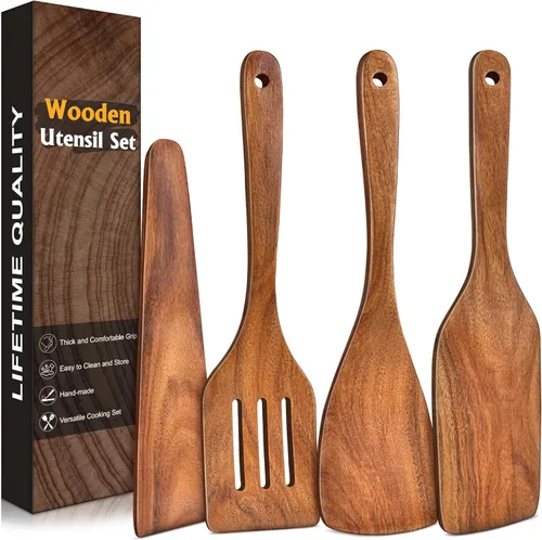 Vista 9 de Espátula de madera para cocinar, espátulas planas de madera de acacia, espátula con mango largo para sartenes antiadherentes, sin arañazos