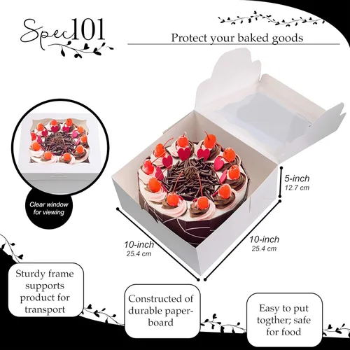 Vista 2 de Spec101 Cajas cuadradas para pasteles con ventana, paquete de 24 recipientes desechables para pasteles con calcomanías, cajas blancas para tartas