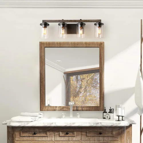 Vista 3 de LOG BARN Lámparas rústicas de baño, 2 luces de tocador de granja para baño con pantalla de vidrio texturizado transparente, luces de iluminación