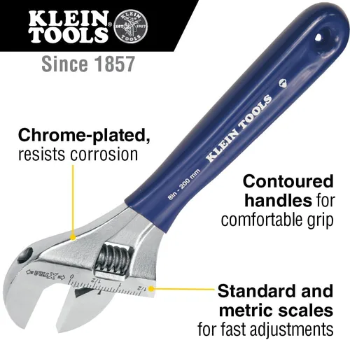 Vista 9 de Klein Tools D509-8 Llave ajustable, llave de transmisión forjada de mandíbula extra ancha con acabado cromado pulido, 8 pulgadas