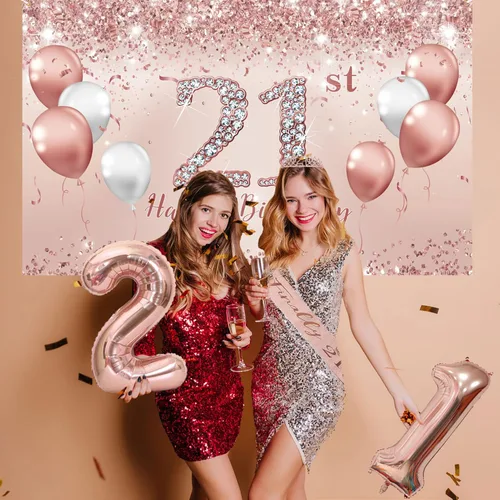 Vista 7 de Trgowaul Decoraciones de cumpleaños 21 para ella, pancarta de cumpleaños número 21 color oro rosa, mantel, banda y corona de 21 cumpleaños, 1 adorno