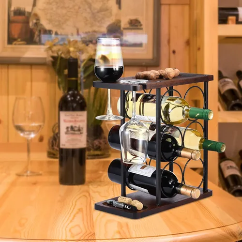 Vista 3 de ALLCENER Wine Rack with Glass Holder, Countertop Wine Rack, Wooden Wine Holder with Tray, Perfect for Home Decor & Kitchen Storage Rack etc