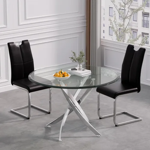 Vista 3 de Mesa de comedor redonda de 36 pulgadas para 4, mesas de cocina y comedor de cristal, moderna mesa de comedor circular con mesa de vidrio templado