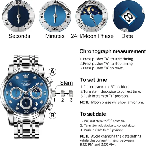 Vista 6 de OLEVS Reloj cronógrafo para hombre, esfera grande, multifuncional, fácil de leer, de acero inoxidable, analógico, de cuarzo, con fecha, de lujo