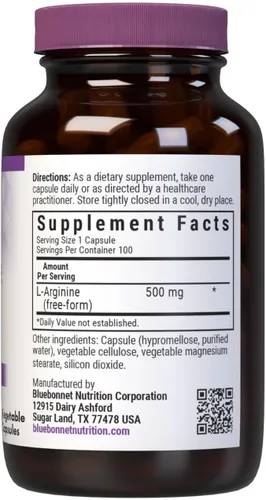 Vista 2 de Bluebonnet Nutrition L-Arginina 500 mg, aminoácido de forma libre, precursor de óxido nítrico*, sin soja, sin gluten, sin OMG, certificado Kosher