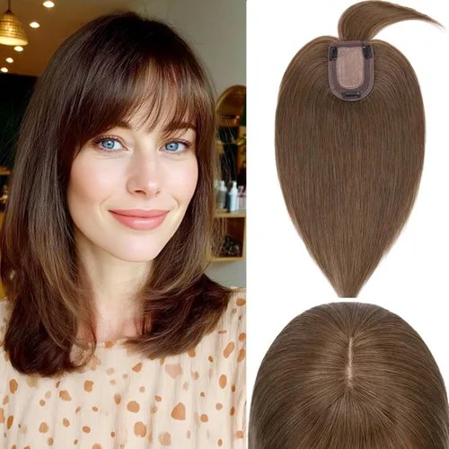 Vista 27 de Rich Choices Postizo de Cabello Humano 100% Real con Flequillo - Postizo de Cabello Remy Real para Mujeres con Adelgazamiento en la Parte Superior