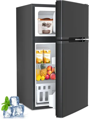 Kismile - Refrigerador mini con congelador, de 3.2 pies cúbicos, refrigerador mini compacto con doble puerta 2, temperatura ajustable, tamaño