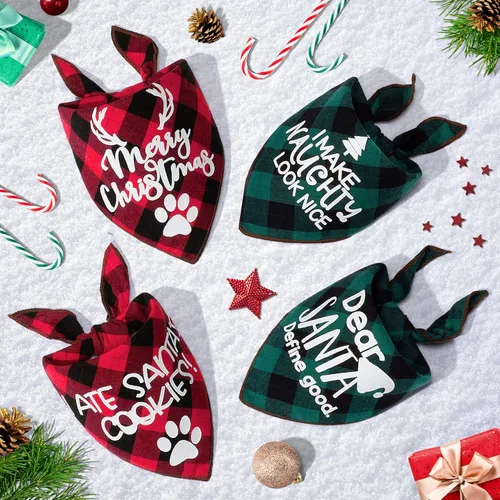 Vista 6 de 4 Pack Bandanas para perros de Feliz Navidad - Bandanas clásicas triangulares de otoño con estampado de Navidad, bufanda a cuadros roja, baberos