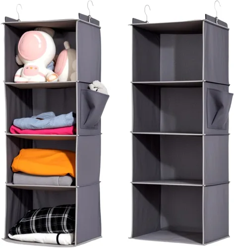 Vista 11 de 4-Shelf Hanging Closet Organizer and Storage, Collapsible Hanging Shelves for Closet with 2 Side Pockets, Hanging Shoe Organizer to Saving Beige
