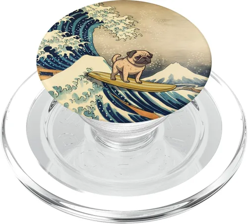 Vista 8 de Surfeando Pug Kanagawa Wave Perro Japonés Divertido PopSockets Intercambiables PopGrip