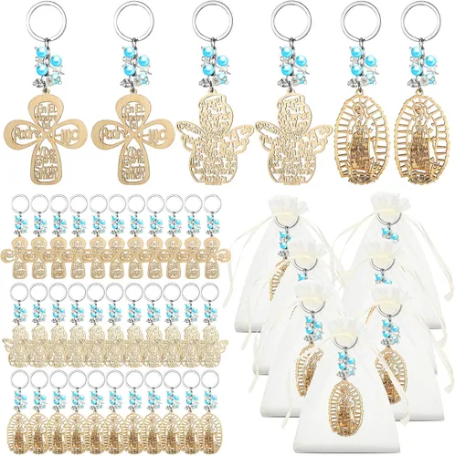 Hicarer 30 piezas de llavero de bautismo regalo de bautizo recuerdos de bautizo para cruz llavero de madera con bolsas de organza (perlas azules)