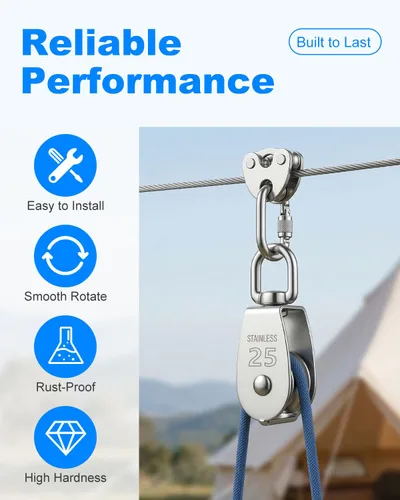 Vista 4 de Rocaris Paquete de 6 Poleas Simples de Elevación M25 con Carga de 330 Libras, Acero Inoxidable 304 de Servicio Pesado Bloque de Polea de Cuerda