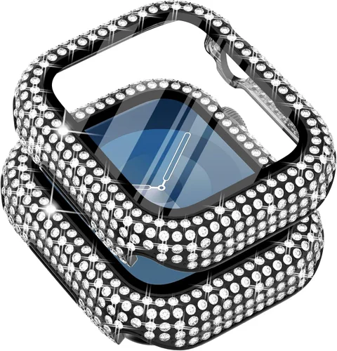 Vista 32 de Surace - Carcasa compatible con Apple Watch de 1.65 pulgadas con protector de pantalla de cristal templado, diseño brillante con 300 diamantes