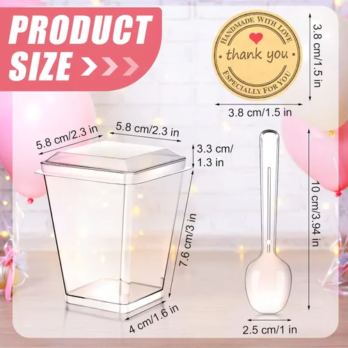 Vista 3 de Sieral Paquete de 100 tazas de plástico de postre de 5 onzas con tapas, cucharas, calcomanías, mini vasos transparentes de yogur para aperitivos