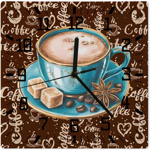 Wall Clock Coffee Cup Beans Operated Clocks Wooden Silent Non-Ticking Wallclock 10 Inch Sugar Farmhouse Style Vintage Wood Square Wall Clock for