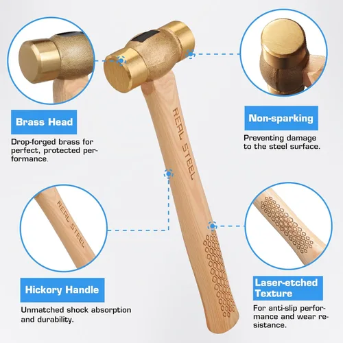 Vista 2 de REAL STEEL Gota forjado latón macizo sin chispas martillo 20 oz, mango de madera de nogal 0421