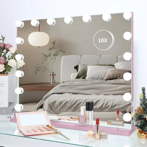 Vista 9 de HOMPEN Hollywood Vanity Mirror Makeup Mirror with Lights, Touch Screen, 3 Color Modes Frameless Tabletop Mirror with 17 Dimmable Bulbs, Green