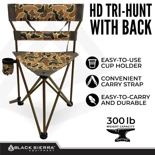 Vista 4 de Black Sierra XL - Taburete de caza con trípode plegable con marco de acero soporta 300 libras, silla de pesca resistente con soporte para tazas
