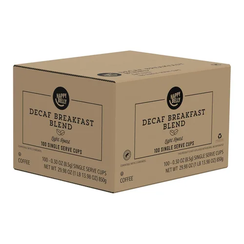Vista 5 de Marca Amazon – Cápsulas de café descafeinizadas Happy Belly de tostado ligero, mezcla de desayuno, compatibles con cafeteras Keurig 2.0 K-Cup, 100